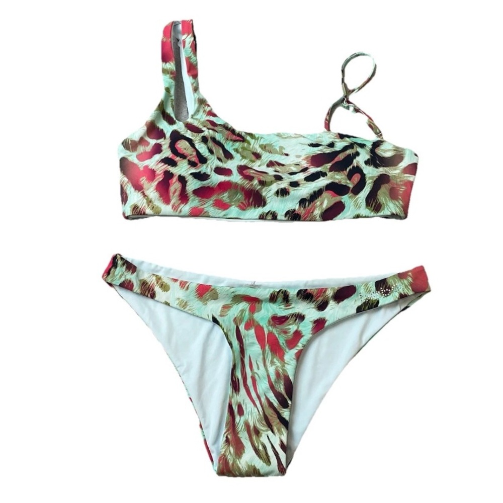 Bebe Tropical Animal Print Bikini 2 Piece One shoulder Size Small Beach